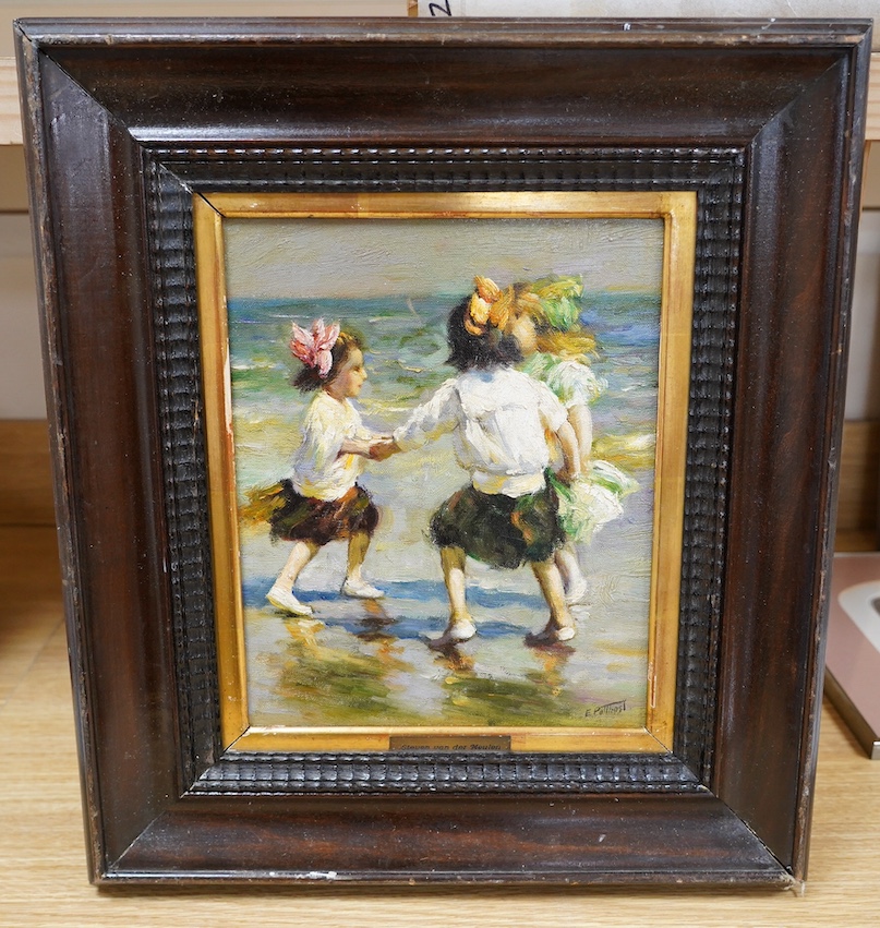 A decorative Impressionist style oil on board, Beach scene with three children dancing, 29 x 22cm. Condition - good